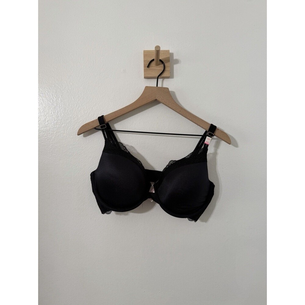 Victoria Secret Black T-Shirt Bra Lightly Lined Lace Trim 36DD NWT